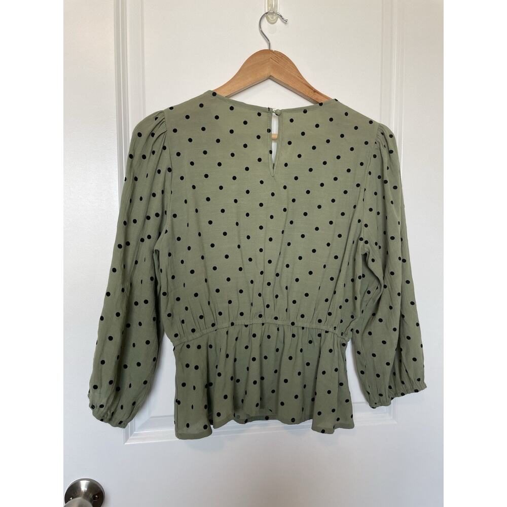 MINE Size Large Green Floral Romantic Polkadot Ruffle Neckline Peplum Waist - Picture 2 of 10